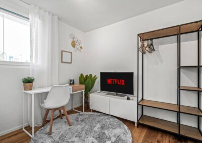 Arbeitsplatz mit Fernseher Ferienhausträume ebenerdiges Bodensee Apartment