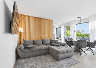 Ferienhausträume Bodensee Bergstrassen Gartenapartement großes Sofa und TV